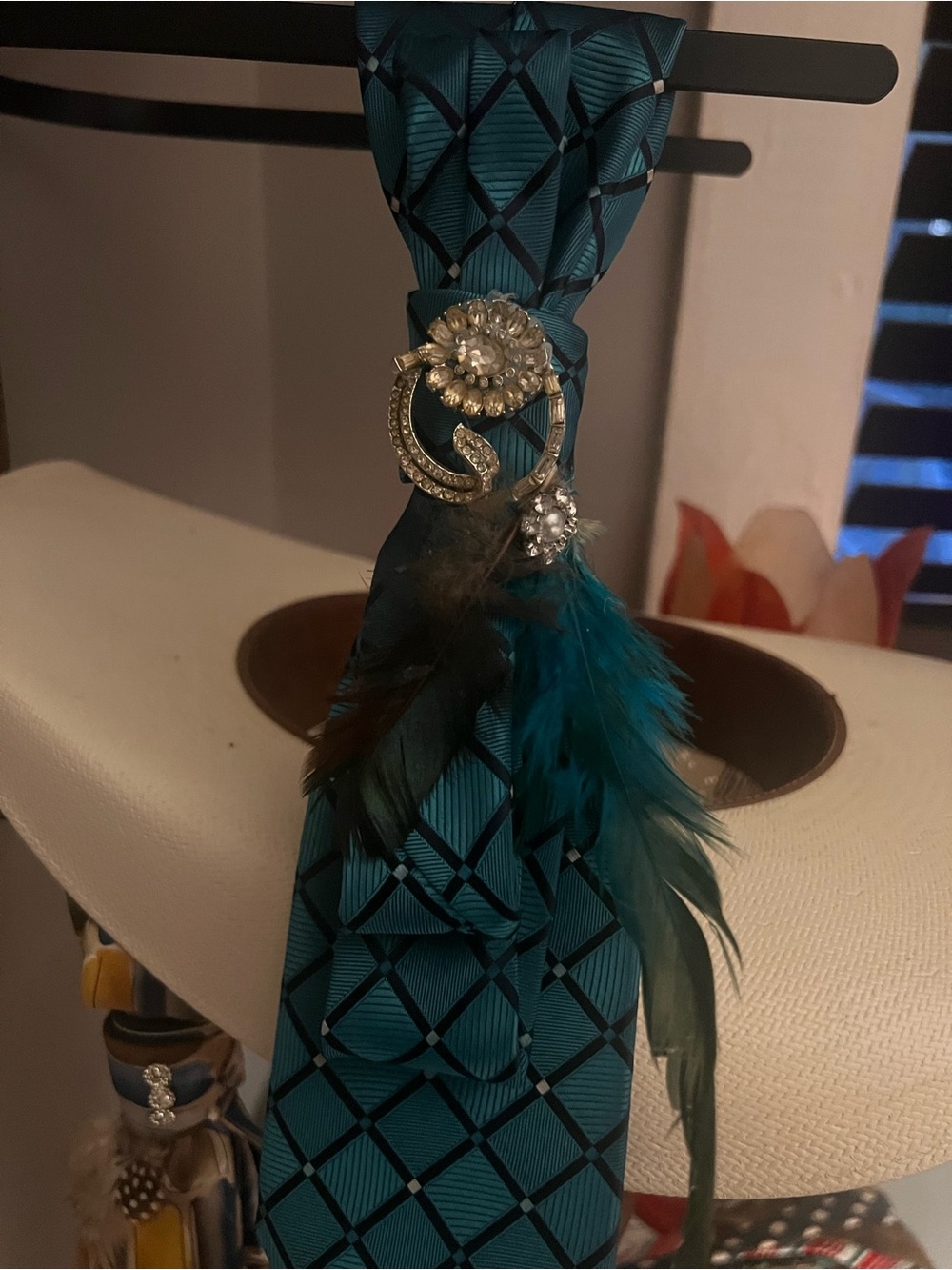 Teal Geometric Feather Tie Accessory with Rhinestone Brooch